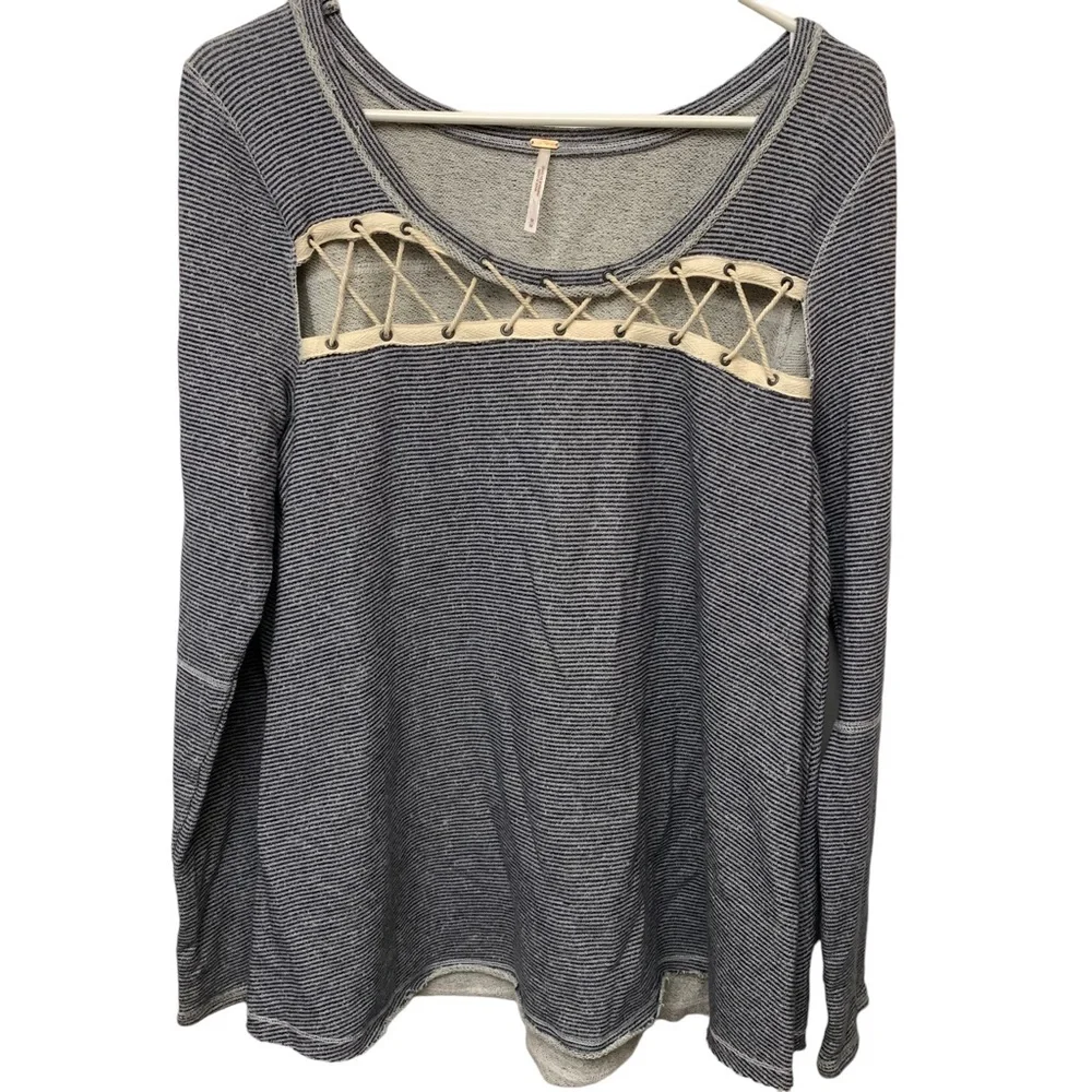 Free People Lace Up Thermal Top Boho Knit Pullover Long Sleeve Gray